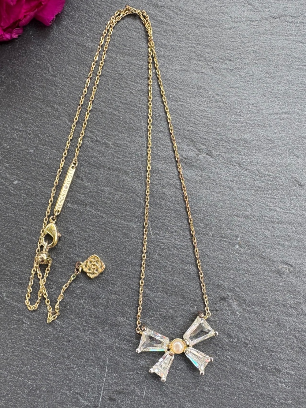 Kendra Scott Krista Gold Crystal Baguette Pearl Bow Pendant Necklace